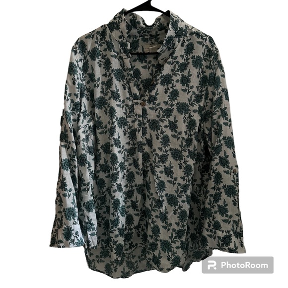 CYNTHIA ROWLEY 100% LINEN FLORAL BLOUSE WITH LONG ROLL TAB SLEEVES - Picture 1 of 11